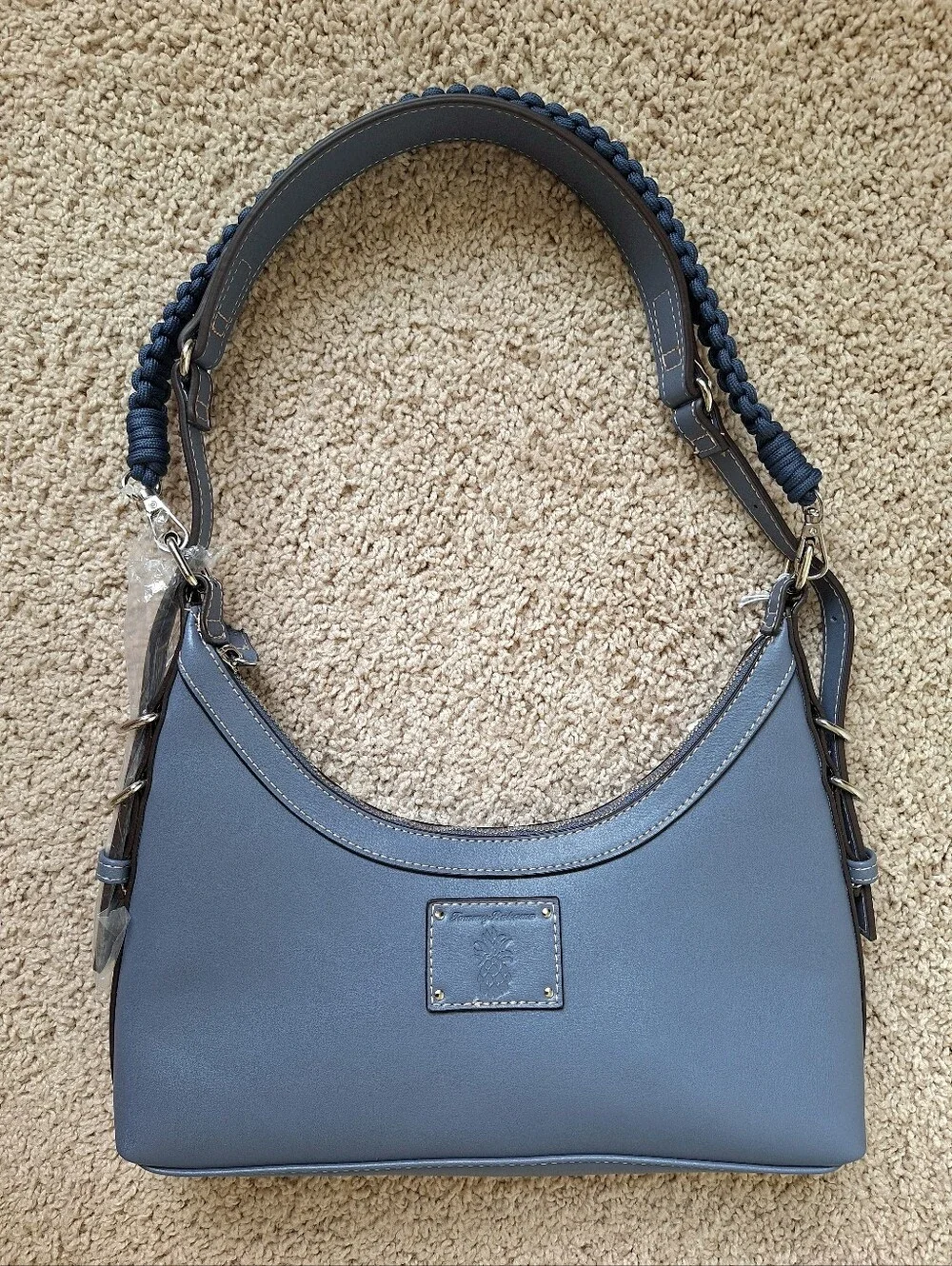 Tommy Bahama Debossed Logo Zip-Top Dusty Blue Hobo Shoulder Bag Two Straps
